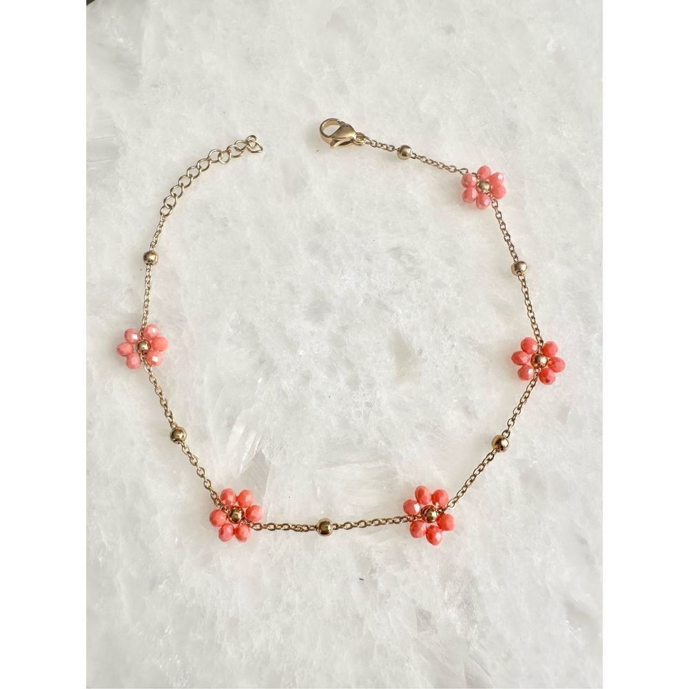 Delicate sparkly orange beaded flower chain bracelet
